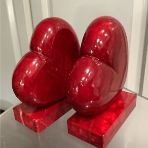 1950’s Italian Made Alabaster Carved Red Heart Sculpture Bookends Set